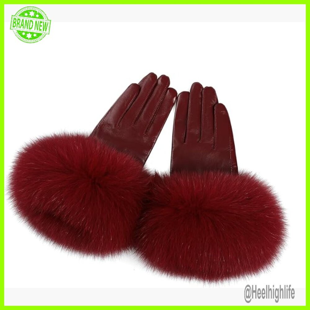 Genuine Lambskin Leather Gloves with Fox Fur Trim, Velvet Lined, Winter Driving